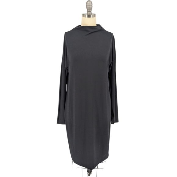 Eileen Fisher Mock Neck Jersey Knit Tunic Dress Black XS minimalist preppy - Picture 1 of 5